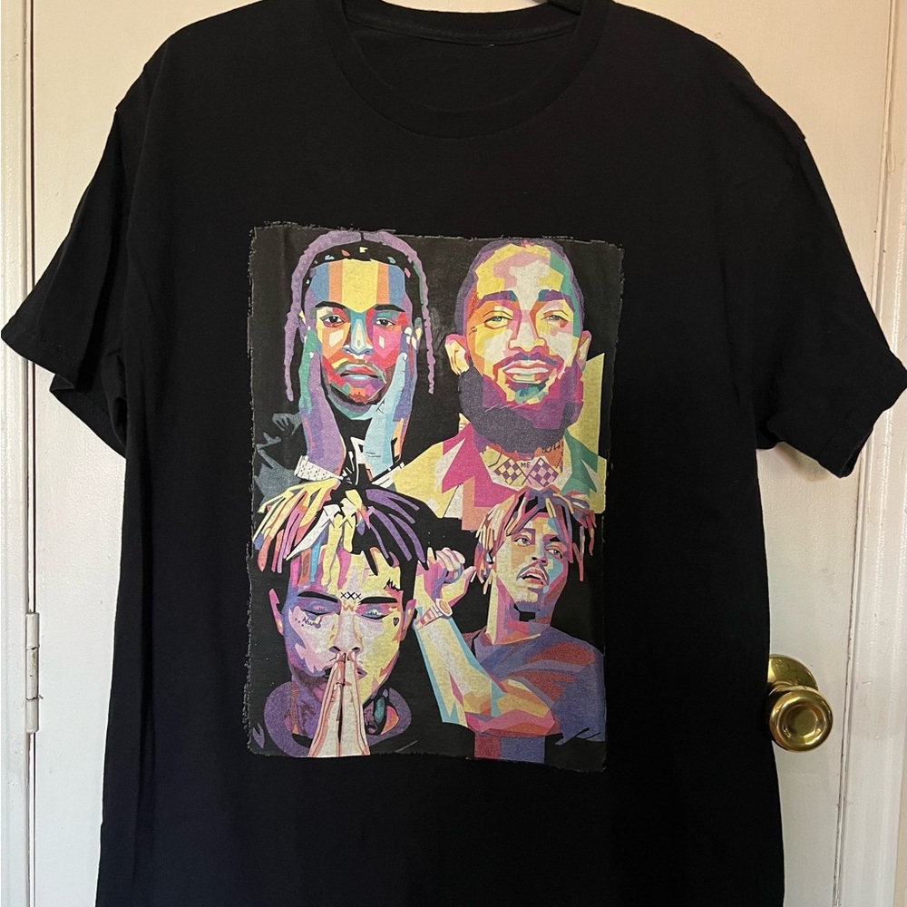 Black Graphic Rap Portrait Tee - Multicolor Artwork